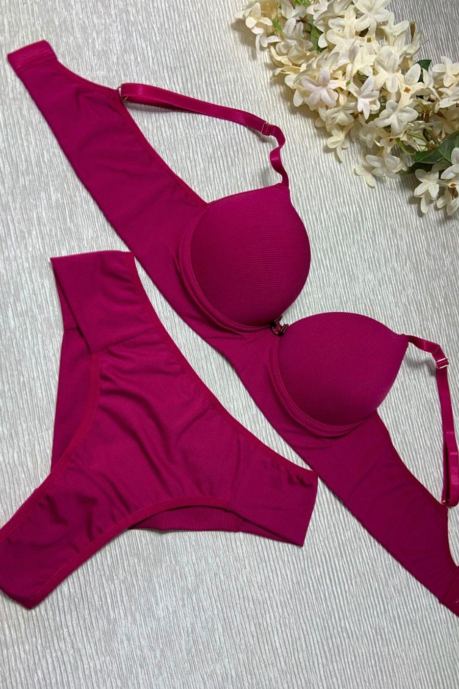 Conjunto De Micro Canelado Com Bojo E Aro Calcinha Fio Duplo Com Lateral Dupla Ref 0936 - Lunna
