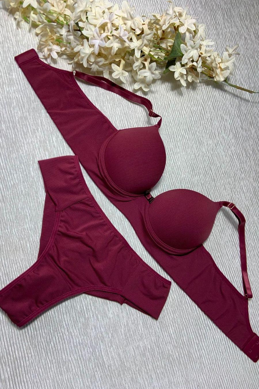 Conjunto De Micro Canelado Com Bojo E Aro Calcinha Fio Duplo Com Lateral Dupla Ref 0936 - Lunna