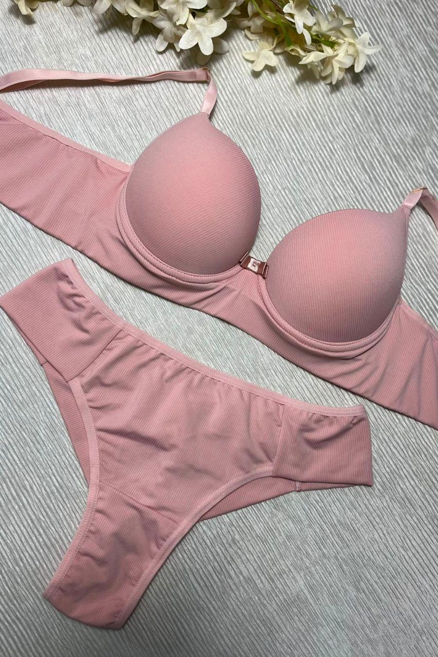 Conjunto De Micro Canelado Com Bojo E Aro Calcinha Fio Duplo Com Lateral Dupla Ref 0936 - Lunna